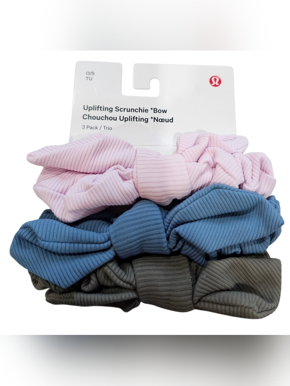 Lululemon Uplifting Scrunchie Bow 3-Pack, Pink, Blue, Gray. New